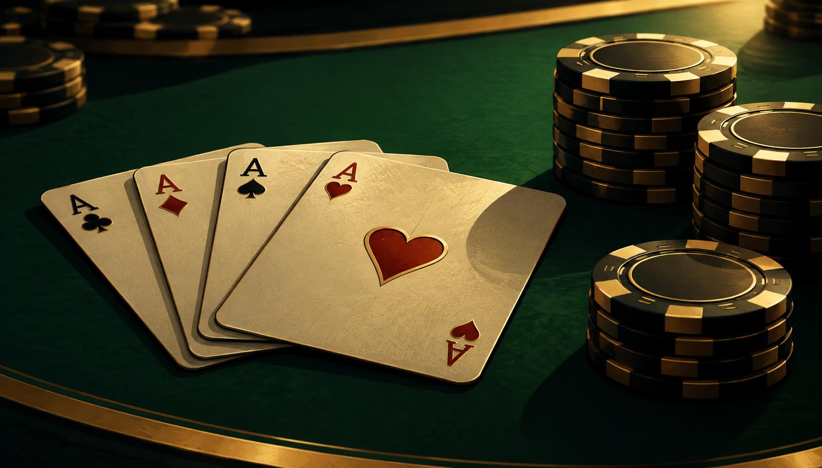 Four aces fanned beside stacks of poker chips on green felt